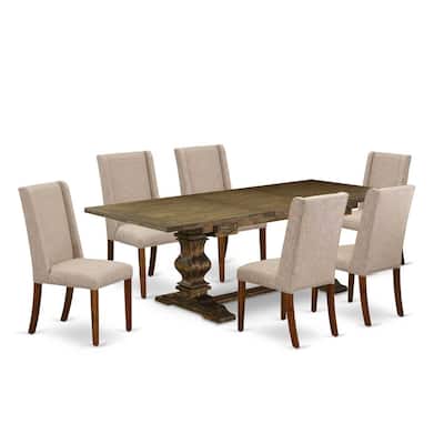 7-Piece Kitchen Dining Set - Linen Fabric Chairs & Pedestal Table - Antique Walnut & Distressed Jacobean Finish - 92