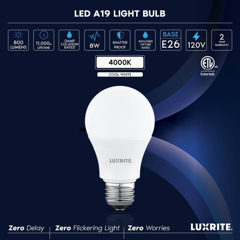 Luxrite A19 LED Light Bulb 8W=60W Non-Dimmable 4000K 800LM E26 Base Damp Rated ETL Listed 16 Pack - Cool White 4000K