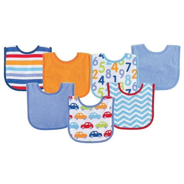slide 1 of 1, Luvable Friends Baby Boy Cotton Terry Drooler Bibs with PEVA Back 7pk, Blue Car, One Size - Blue Car - One Size One Size - Blue Car