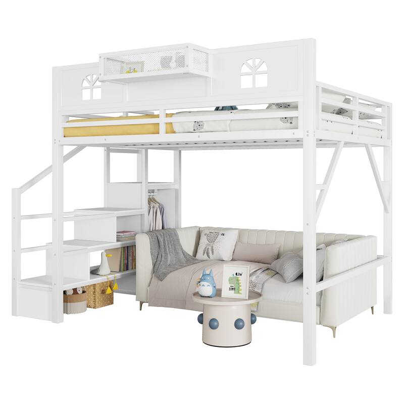 White High Loft Bed Frame with Storage Stairs and Wardrobe, Loft Metal Frame Bed with High House Shaped Guardrails for Kid Teens