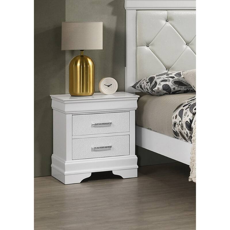 Modern Glam White Nightstand with Crystal Diamond Tufted Texture & 2 Drawers