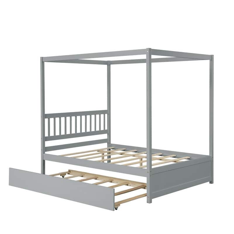 Full Size Canopy Bed with Twin Trundle, Kids Solid Wood Platform Bed Frame w/ Headboard, No Box Spring Needed