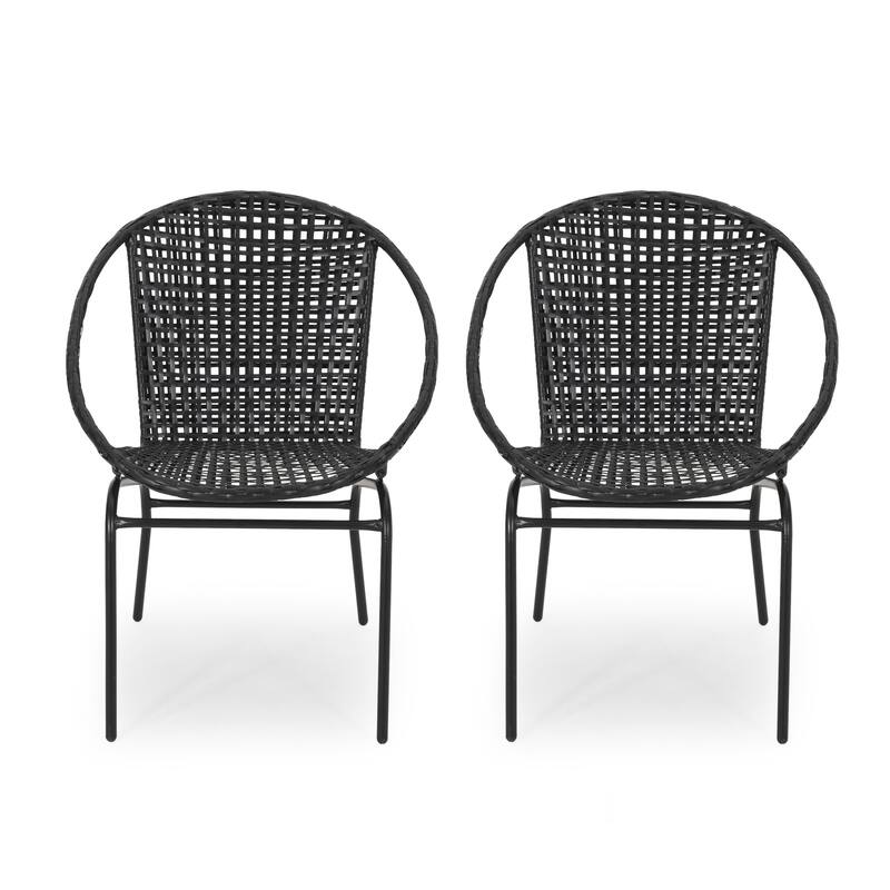 Roomfitters 3 Piece Outdoor PE Wicker Patio Chat Set with Club Chairs and Table, Modern Black