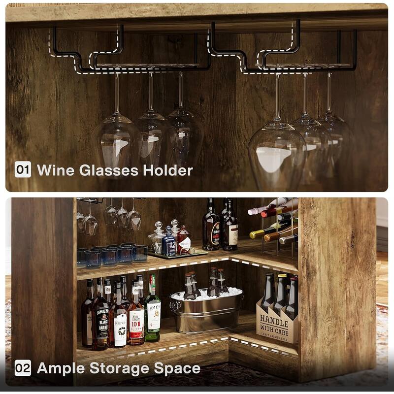 L-Shaped Bar Cabinet with Stemware Racks, 4-Tier Corner Bar Unit Liquor Wine Bar Table