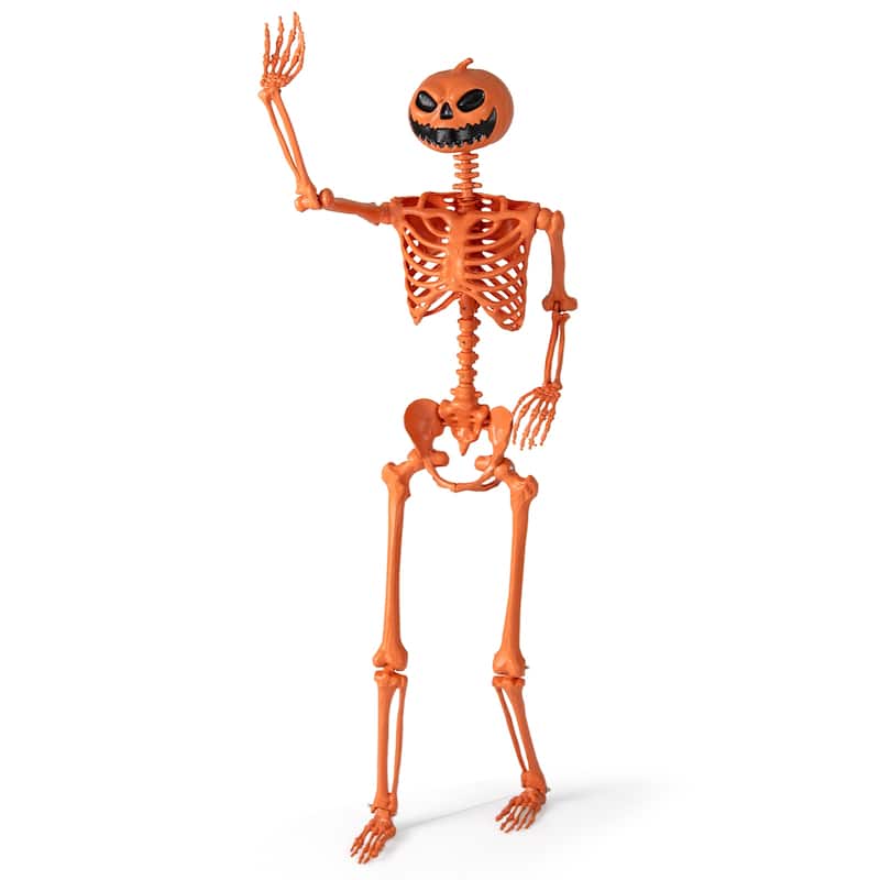 5.2 Ft Life-Size Posable Skeleton Halloween Orange Skeleton Decoration - Orange