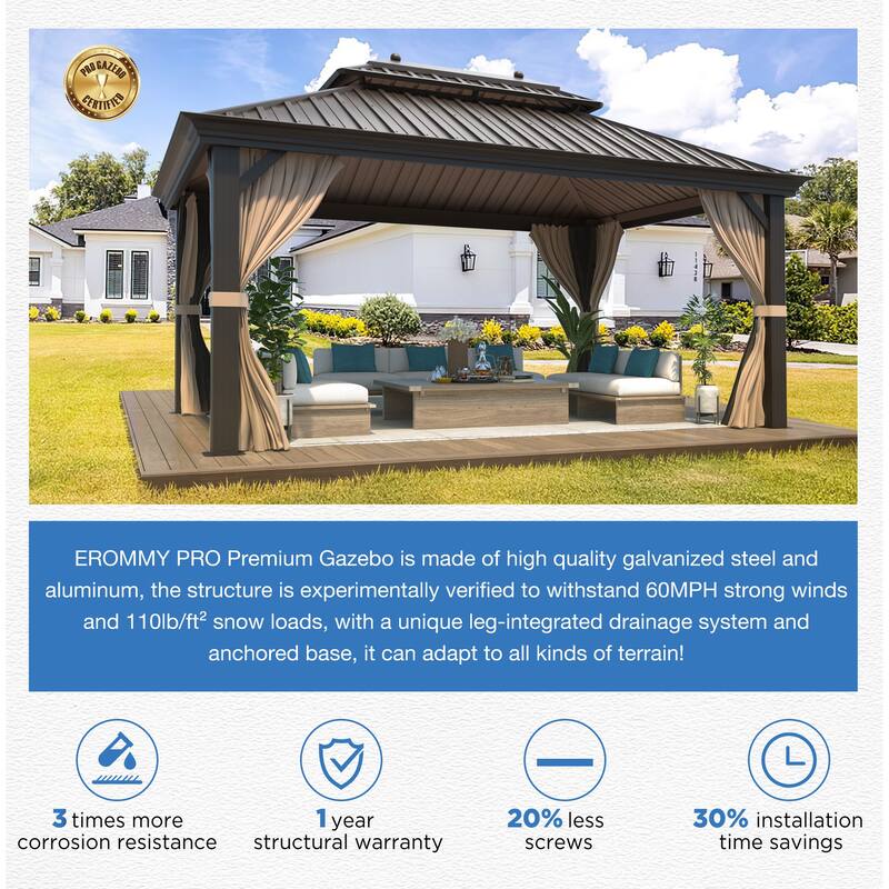 EROMMY Hardtop Asphalt Roof Spruce Wood Gazebo