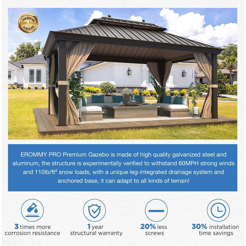 Pro Series Outdoor Hardtop Gazebo Pergola | Galvanized Steel Roof & Aluminum Frame | Includes Premium Curtains & Netting