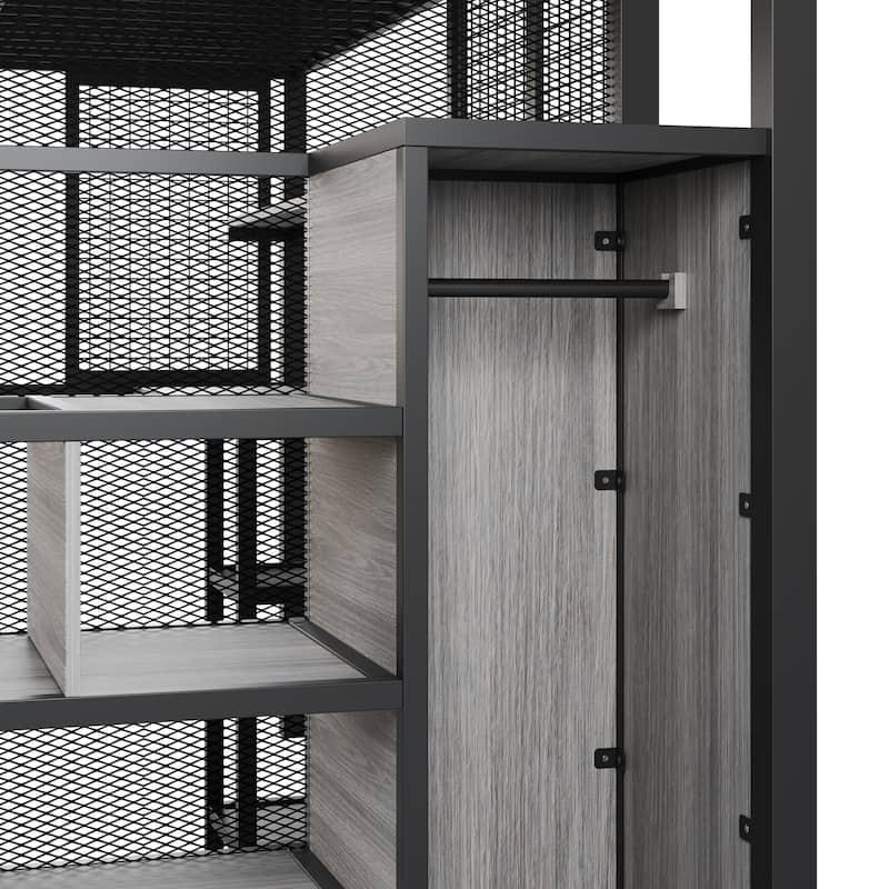 Full Size Metal Loft Bed with Wardrobe, Built-in Wood Tabletop Desk, Storage Shelves and Storage Stairs for Bedroom