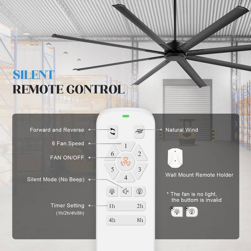 Large 96/120-inch Industrial Ceiling Fan without Light with Remote (6/8-Aluminum Blades)