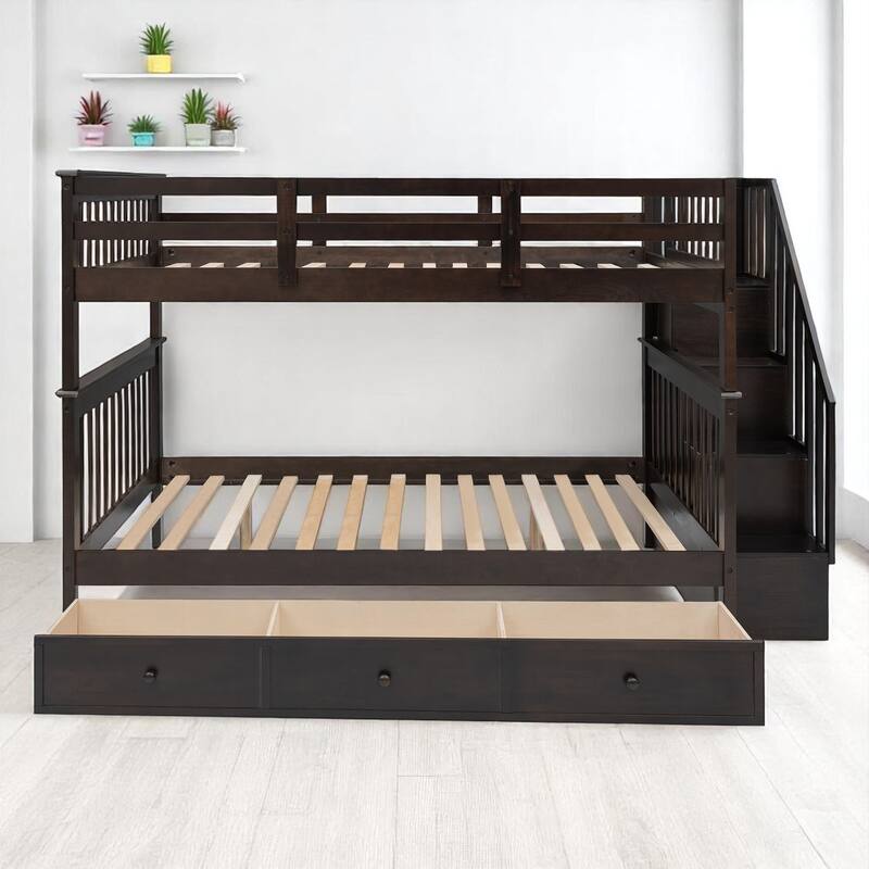 Full Over Full Bunk Bed with Storage Staircase and Shelves, Convertible Design, No Box Spring Needed,kid beds