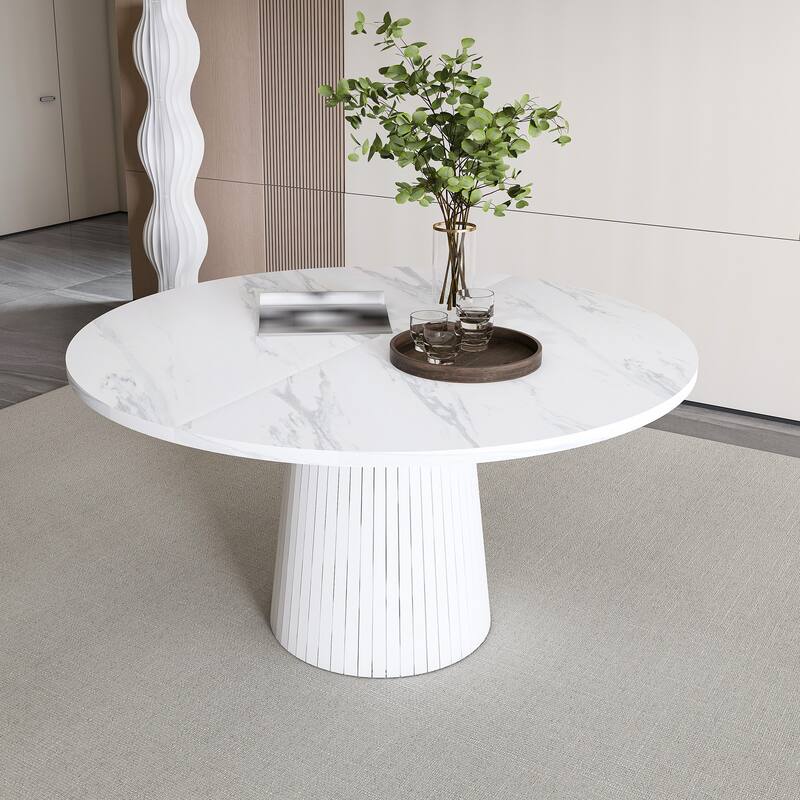 47 inch Round MDF Dining Table for 4, Modern Farmhouse Kitchen Table with Wood Strip Base, Circle Dinner Table