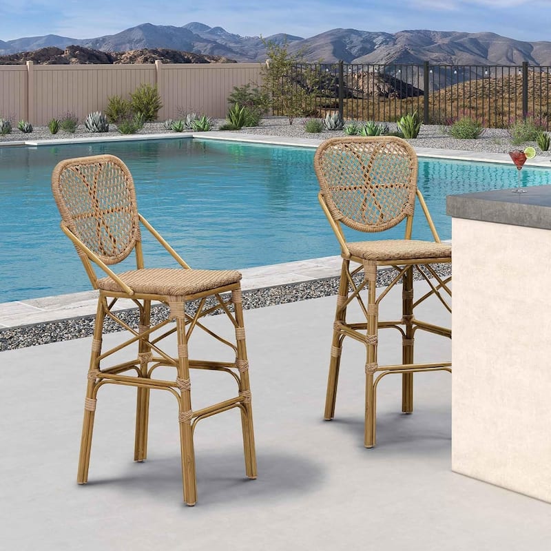 PURPLE LEAF 2 Set of Outdoor Barstools,Bamboo Bistro Dining Chair,Cushion Included