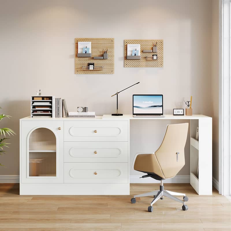 Modern 360° Rotatable Computer Desk, Executive Desk with 3 Drawers