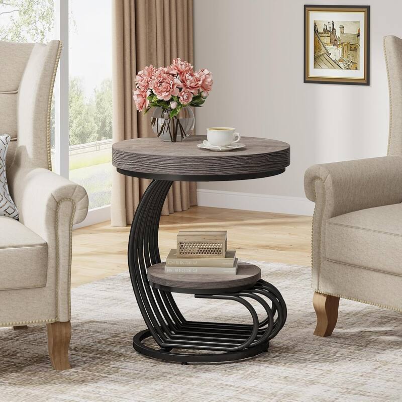 2 Tiers Round End Table with Shelf Storage, Arc-Shaped Side Sofa Table - Grey - 1 PCS