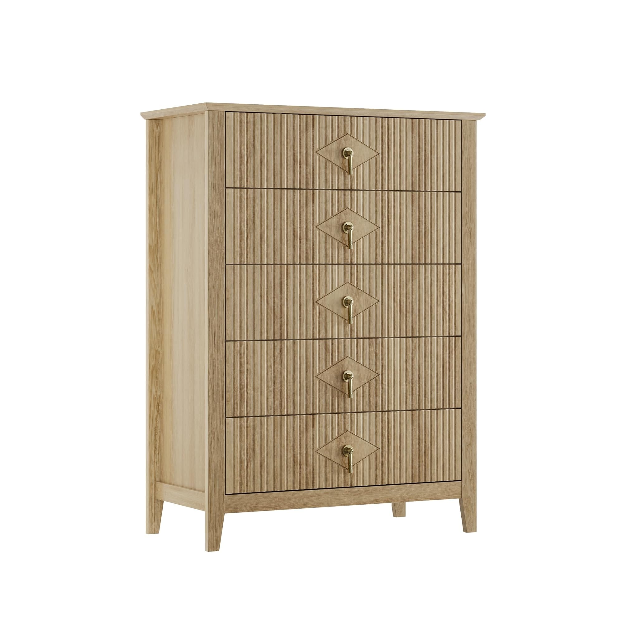 Wood Fluted Dresser, Modern Chest Storage Organizer Cabinet for Living Room Hallway Entryway