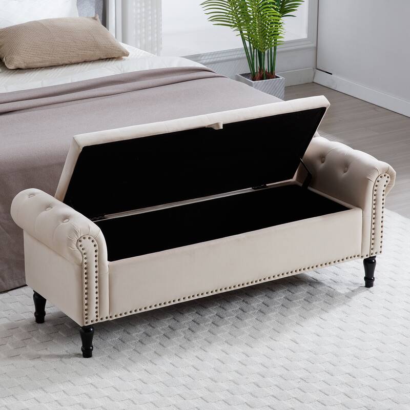 67" Velvet or PU Tufted Storage Bench for Bedroom End of Bed with Roll Arms