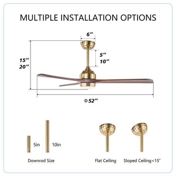 dimension image slide 13 of 29, Sofucor 42"/48"/ 52"/60"Noiseless Walnut Wood Ceiling Fan with Remote Control, Integrated Light Optional