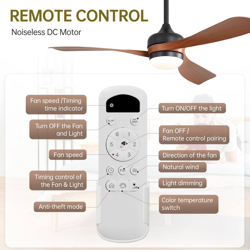 Sofucor 52 Inch Energy Efficient Ceiling Fan with Light and Remote,6-Speed Reversible,3 ABS Blades,Dimmable 3-Color LED,Timer
