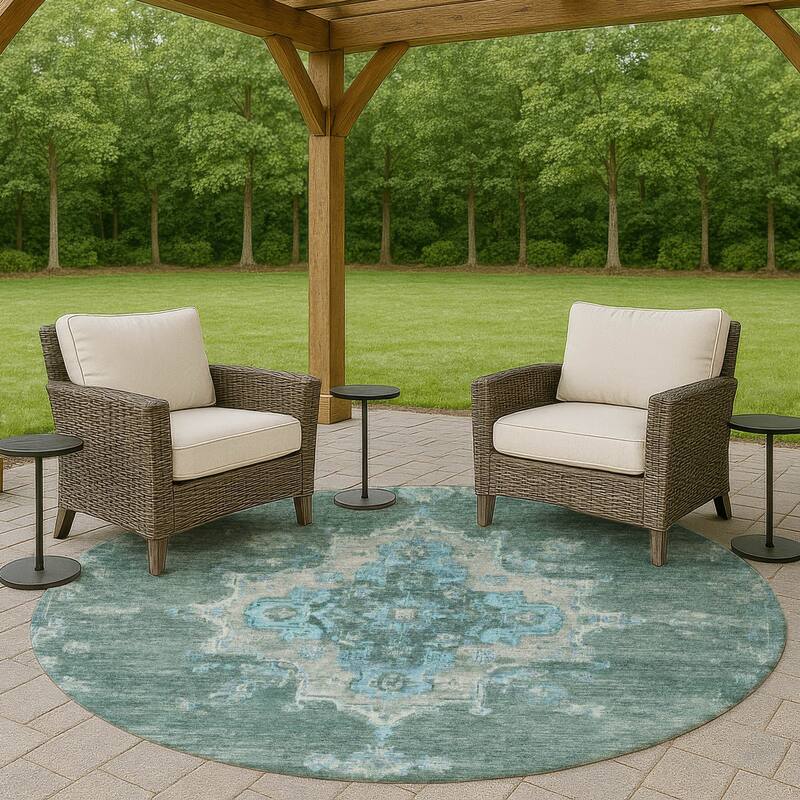 Machine Washable Indoor/ Outdoor Traditional Tabriz Chantille Rug - Teal - 8' x 8'