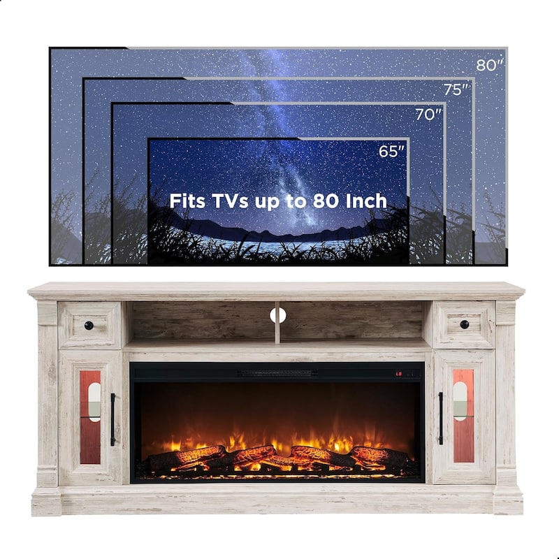 Farmhouse Fireplace TV Stand for 80 Inch TV, Entertainment Center