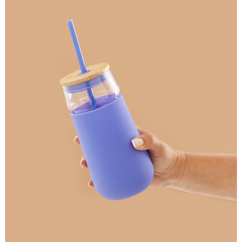 JoyJolt Glass Drinking Cup, Tumbler with Straw & Non Slip Silicone Sleeve - 20 oz - 20 oz