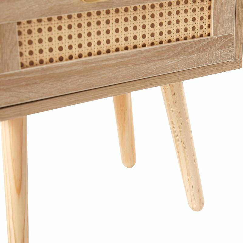Rattan Nightstand with Drawer, Solid Wood Legs, 16"" Side Table