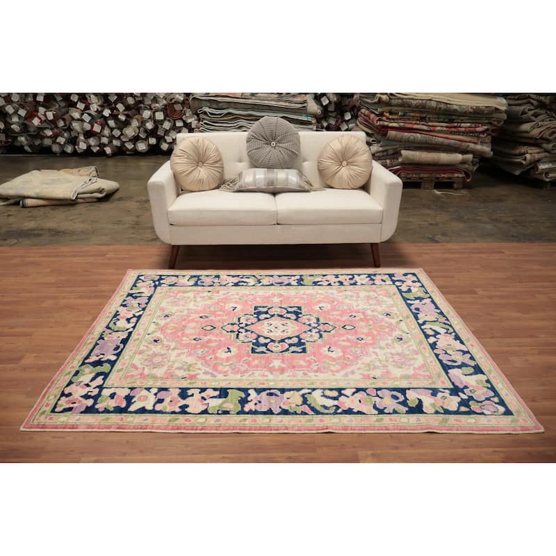 Hand Knotted Oriental 100% Wool Carpet Transitional Medallion Pink Oushak Area Rug - 6' 7'' X 5' 2''