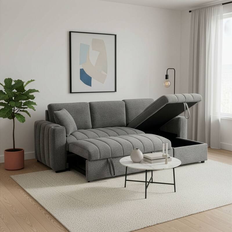 Seraphina 101"W Gray Chenille Fabric Reversible Sleeper Sectional Sofa w/Storage Chaise, Cupholders, USB Port, Throw Pillows