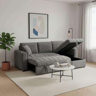 Seraphina 101"W Gray Chenille Fabric Reversible Sleeper Sectional Sofa w/Storage Chaise, Cupholders, USB Port, Throw Pillows