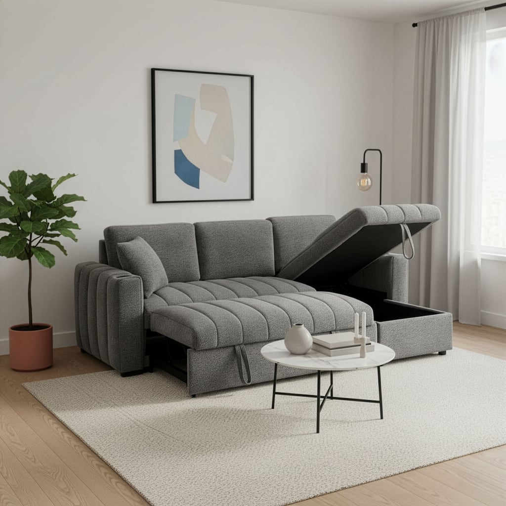 Seraphina 101"W Gray Chenille Fabric Reversible Sleeper Sectional Sofa w/Storage Chaise, Cupholders, USB Port, Throw Pillows