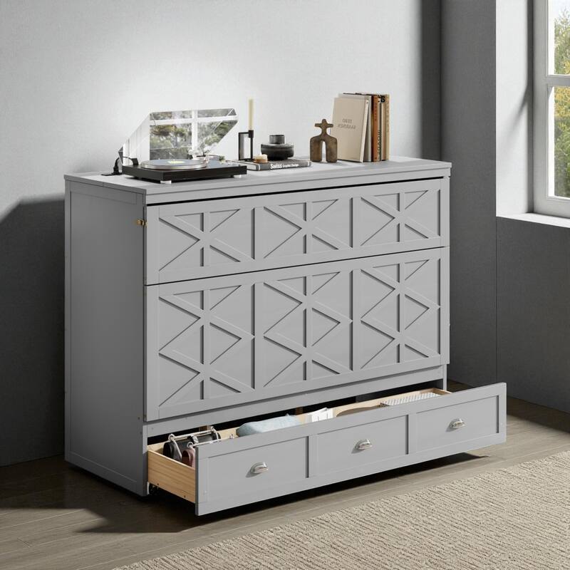 Queen Size Murphy Bed with USB Ports and Large Storage Drawers, Space-Saving Wall Bed Cabinet, Modern Brushed Finish