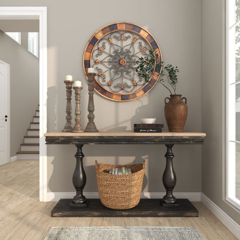 Brown Wood Medallion Scroll Home Wall Decor with Metal Fleur-De-Lis Detail