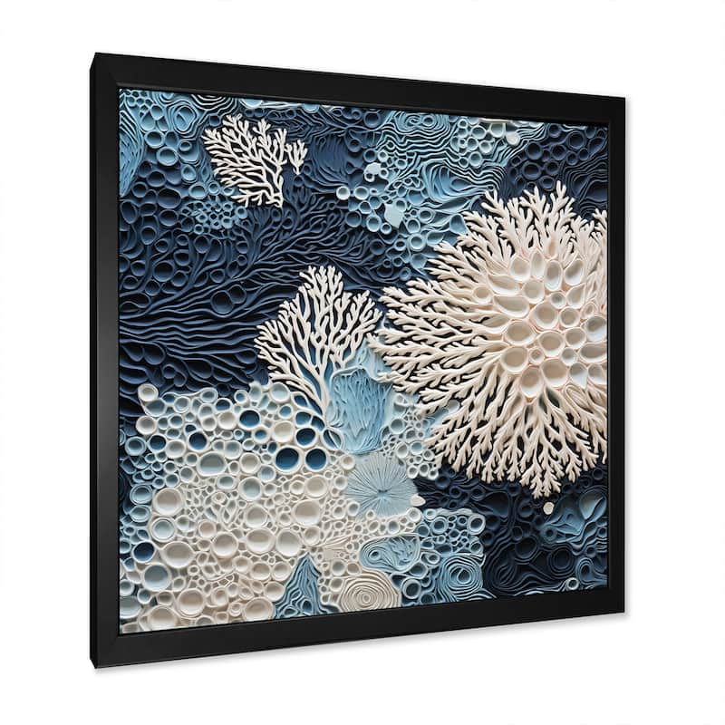 Designart "Under Water Blue And White Corals Collage" Coastal Framed Canvas Wall Art