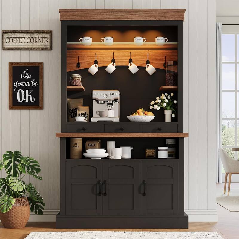 Coffee Bar Cabinet with LED Light, 72" Tall Farmhouse Coffee Bar Hutch with Storage - Black