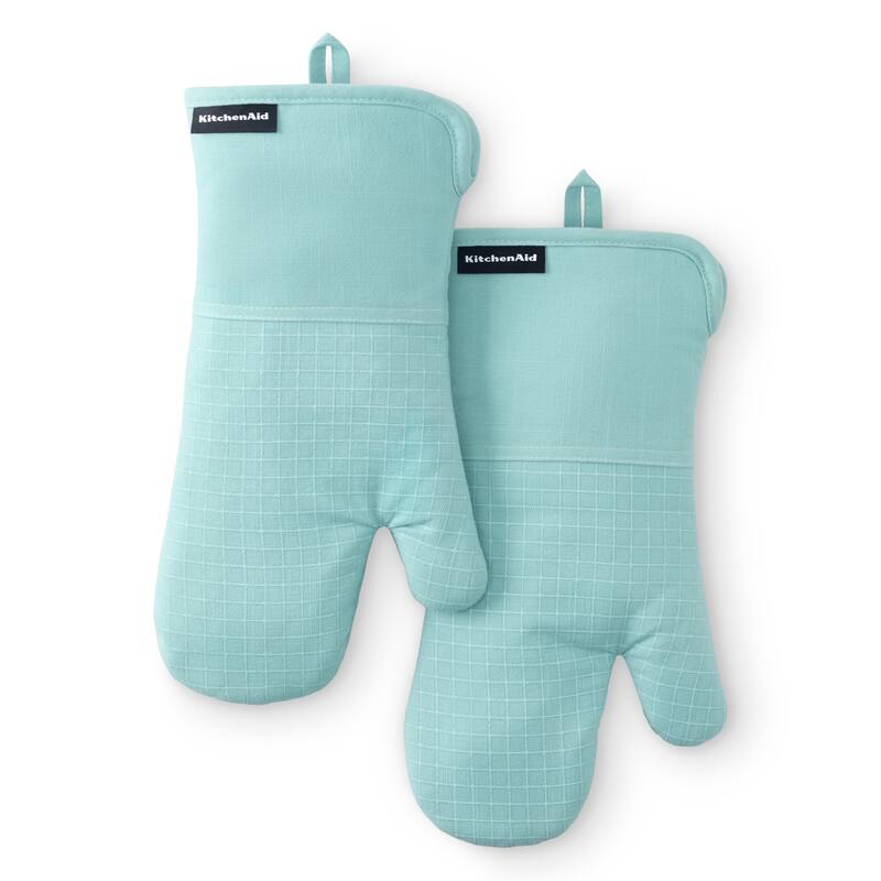 KITCHENAID Gourmet Series Gridlines Oven Mitts 2-Pack Set, Heat Resistant up to 600°F, Soft Silicone Grip, Magnetic Cuff - Mineral Water Aqua