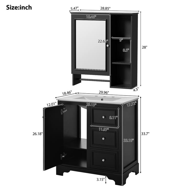 30-inch bathroom vanity with sink,with 3 drawers,adjustable shelves,freestanding vanity set with mirror cabinet,single sink