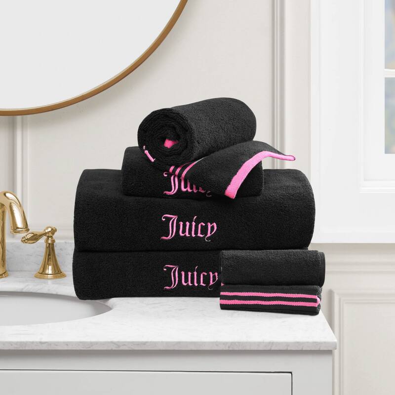 Juicy Couture Neon Border Bath Towels 6-Piece 2 Bath towels 2 Hand towels 2 Washcloths - 28"x54"/16"x26"/12"x12" - Black/Hot Pink