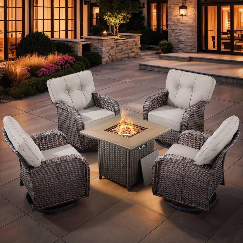Gymojoy 5-Piece Outdoor Wicker Patio Furniture Set with 55,000 BTU Fire Pit Table, Swivel Chairs & Thick Cushions - Brown Wicker / Beige Cusion - 5-Piece