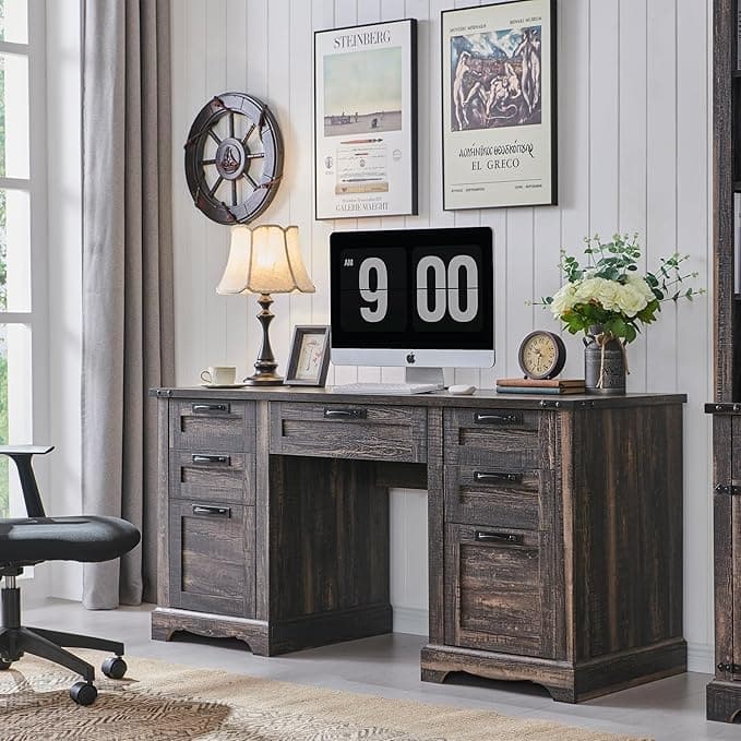 60" Farmhouse Executive Desk, Wood Home Office Desk, Computer Desk