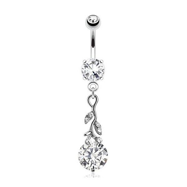Vine 316L Surgical Steel with Leaves and Large Gem Dangle Navel Belly Button Ring