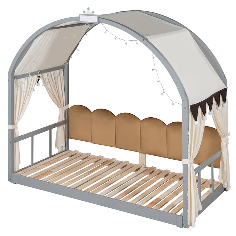 Wood Twin Size Bed Frame with Arched Roof, Floor Bed with Light and Curtain, Pull-out Kids Bed for Girls Boys Bedroom