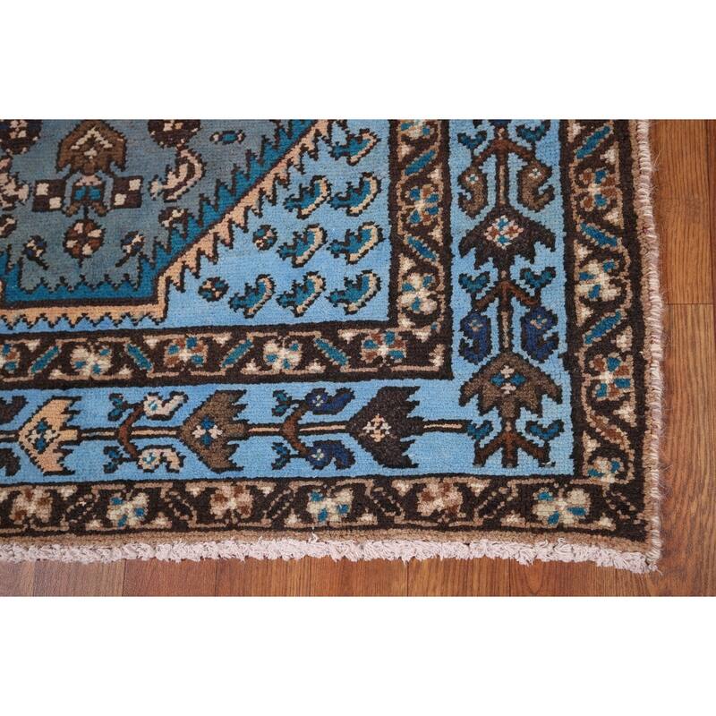 Blue Hamedan Persian Vintage Runner Rug Hand-Knotted Wool Carpet - 3'4" x 9'2"