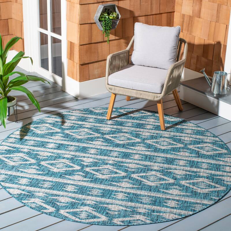 SAFAVIEH Courtyard Fraidel Indoor/ Outdoor Waterproof Patio Backyard Rug - 6'7" Round - Teal/Grey