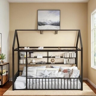 Twin Size Metal Bed House Bed Frame with Fence and Four Metal Grid Shelves