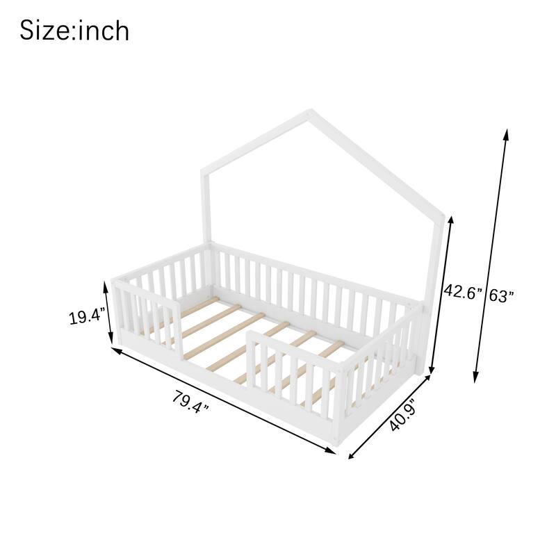 Wooden Floor Bed House-shaped Frame, Montessori Floor Bed with Light and High Rails, Wood Slat Support Floor Daybed