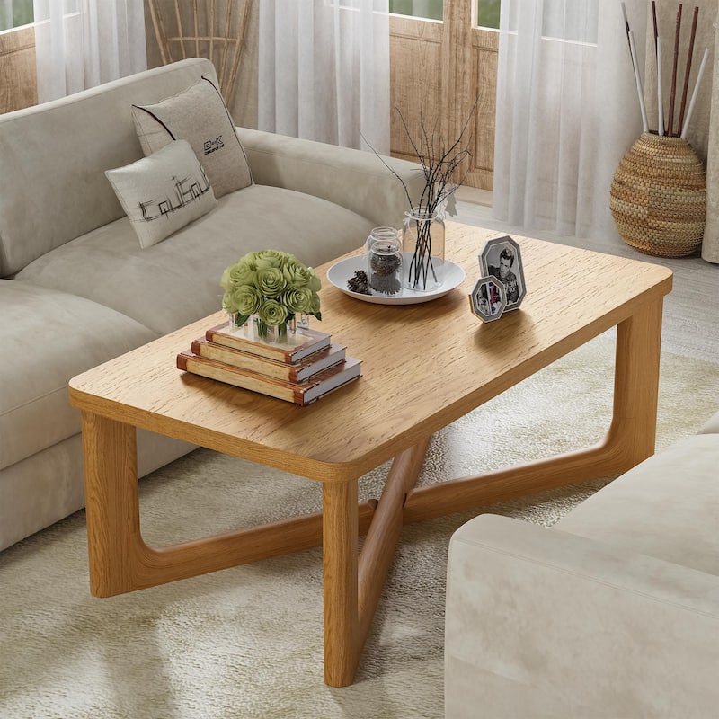 Modern Coffee Table Farmhouse Solid Wood Coffee Table with Cross Sturdy Legs Center Table for Home Office Living Room