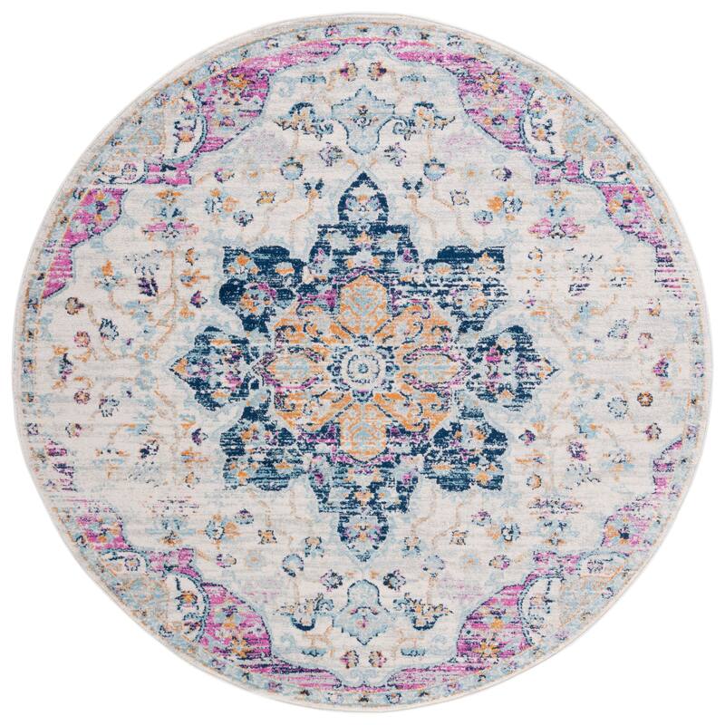 SAFAVIEH Madison Peggie Vintage Boho Medallion Rug - 6'7" Round - Ivory/Fuchsia
