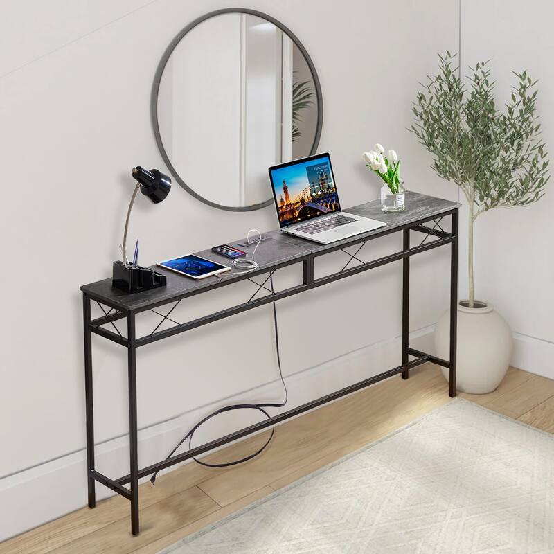 VECELO Industrial Rectangular Wood Console Table with AC Power and USB Charging Ports