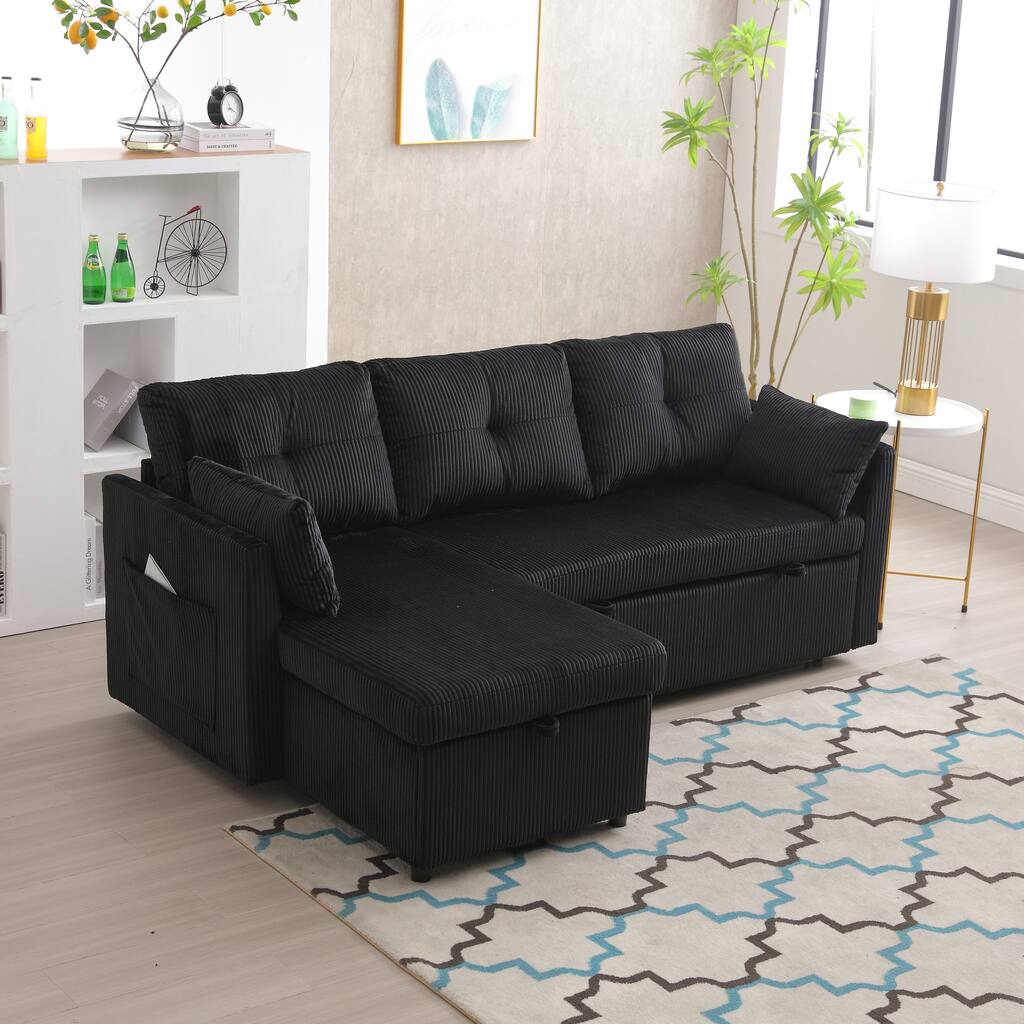 Black 81.1'' L-Shaped 3 Seater Sectional Sofa with Reversible Chaise, Sleeper Sofa Bed, and Storage Seats