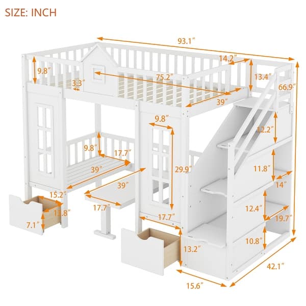 Twin Bunk Bed with Convertible Desk and Playhouse Design, White